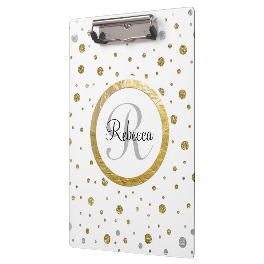 Monogram Gold Leaf Print Silver Confetti Klembord (Links)