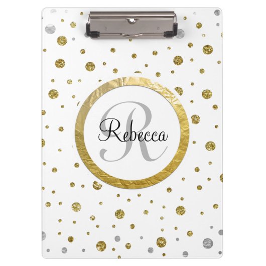 Monogram Gold Leaf Print Silver Confetti Klembord (Voorkant)
