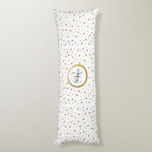 Monogram Gold Leaf Print Silver Confetti Lichaamskussen (Achterkant (Verticaal))