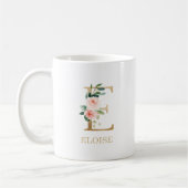 Monogram Gold Letter E | Floral Pink White Green Koffiemok (Links)