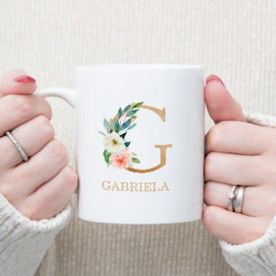 Monogram Gold Letter G   Floral Pink White Green Koffiemok