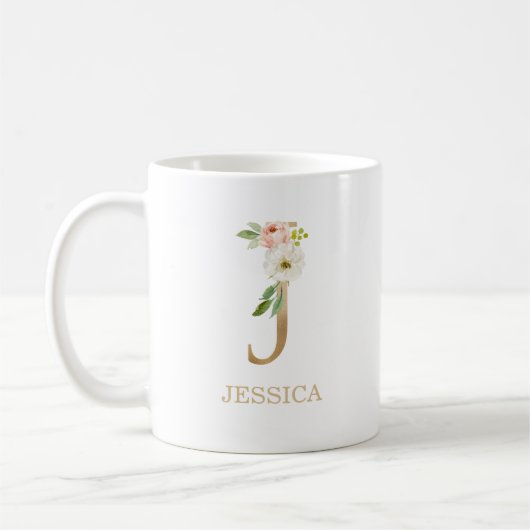 Monogram Gold Letter J | Floral Pink White Green Koffiemok (Links)
