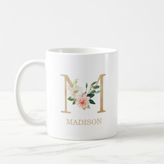 Monogram Gold Letter M | Floral Pink White Green Koffiemok (Links)