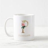 Monogram Gold Letter P | Floral Pink White Green Koffiemok (Links)