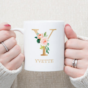 Monogram Gold Letter Y   Floral Pink White Green Koffiemok