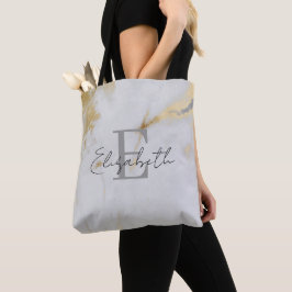 Monogram Gold Marble Grey Tote Bag