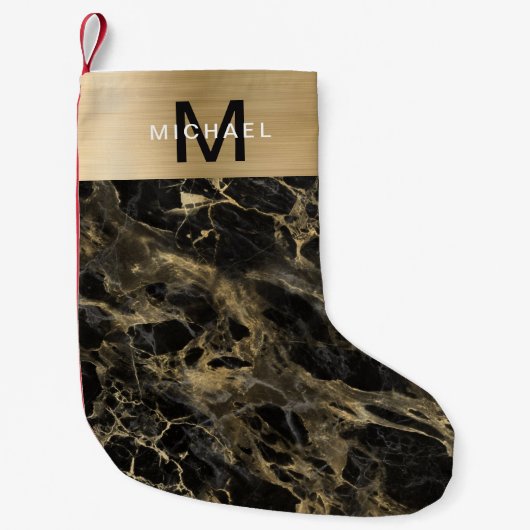 Monogram Gold Metallic Zwart Marmer Kleine Kerstsok (Voorkant)