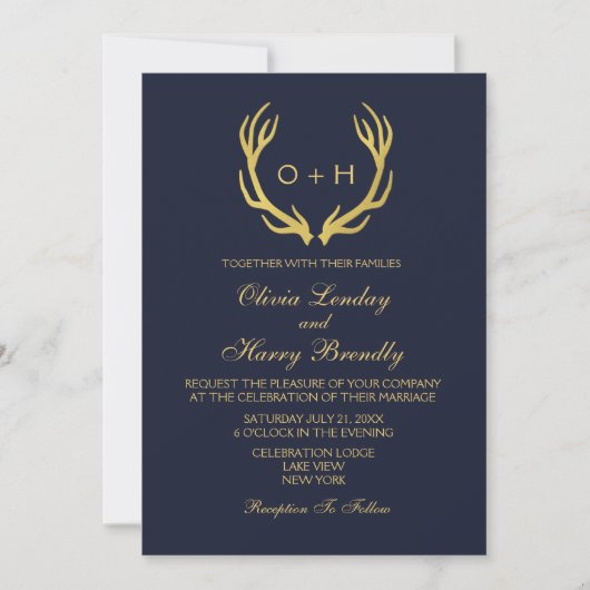 Monogram Gold Navy White Wedding Invitation Kaart (Voorkant)