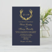 Monogram Gold Navy White Wedding Invitation Kaart (Staand voorkant)