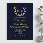 Monogram Gold Navy White Wedding Invitation Kaart<br><div class="desc">Mooie goudhoudende folie-roestvijvers met de bruid- en groommonogram-initialen in het midden. Er is een elegant gouden trouwscript op een chemische marineblauwe achtergrond. De achterkant van de kaart is elegant wit. Voeg eenvoudig uw aangepaste gegevens toe.</div>