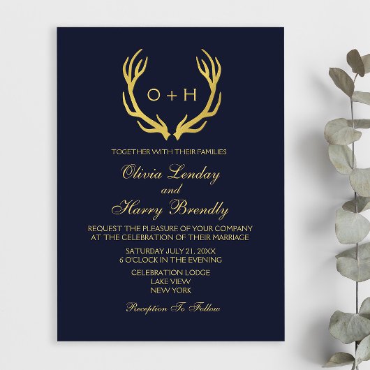 Monogram Gold Navy White Wedding Invitation Kaart