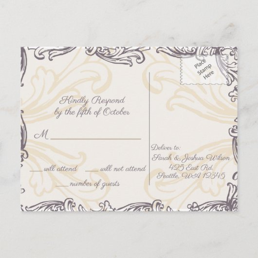 Monogram Gold Paarse rsvp Briefkaart (Achterkant)