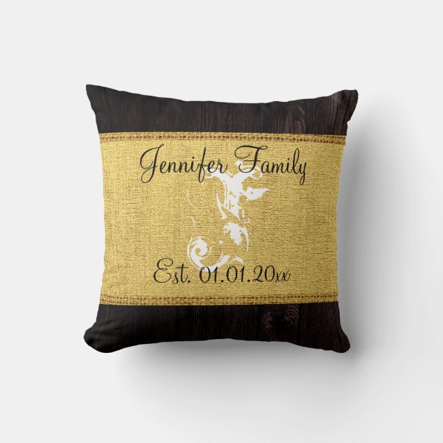 Monogram Gold Rustic Burlap Linen Wood Kijk Kussen (Voorkant)