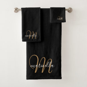 Monogram Gold Script Name Black Bad Handdoek