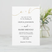 Monogram Gold Script White Wedding Invitation Kaart (Staand voorkant)