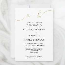 Monogram Gold Script White Wedding Invitation Kaart