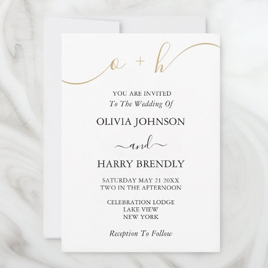 Monogram Gold Script White Wedding Invitation Kaart