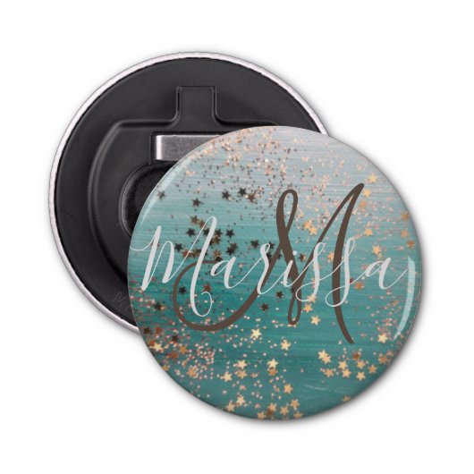 Monogram Gold Stars op Blauwgroen Button Flesopener (Voorkant)