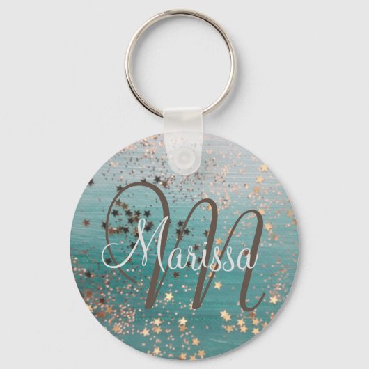 Monogram Gold Stars op Blauwgroen Button Sleutelhanger (Voorkant)