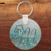 Monogram Gold Stars op Blauwgroen Button Sleutelhanger (Voorkant)