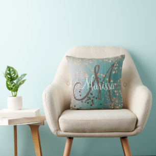 Monogram Gold Stars op Blauwgroen Kussen