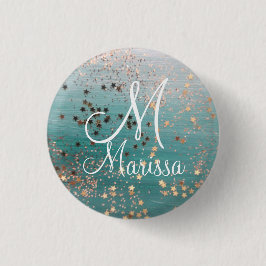 Monogram Gold Stars op Blauwgroen Ronde Button 3,2 Cm