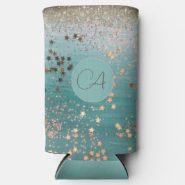 Monogram Gold Stars op Blauwgroen Seltzer Blikjeskoeler