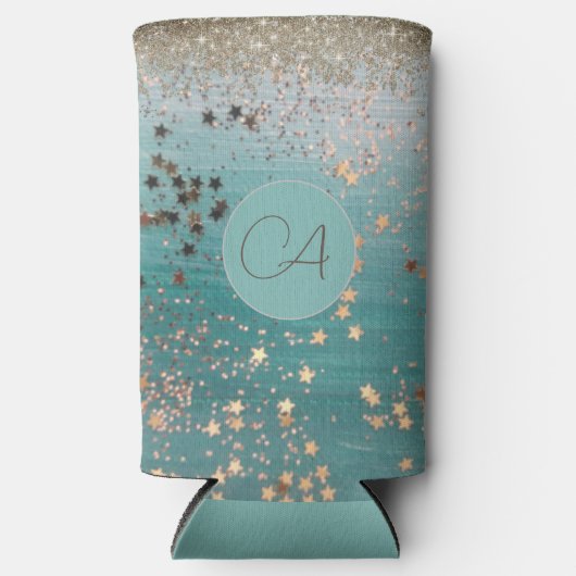 Monogram Gold Stars op Blauwgroen Seltzer Blikjeskoeler (Voorkant)