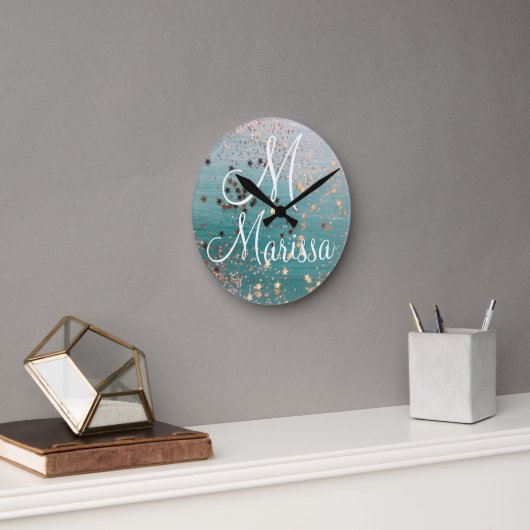 Monogram Gold Stars op Blauwgroen               Vierkante Klok (Kantoor)