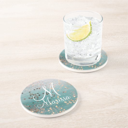 Monogram Gold Stars op Blauwgroen Zandsteen Onderzetter (Zijkant)