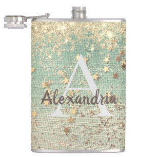 Monogram Gold Stars op Zee Green Flask Heupfles