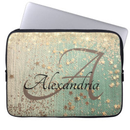 Monogram Gold Stars op Zee Green Laptop Sleeve