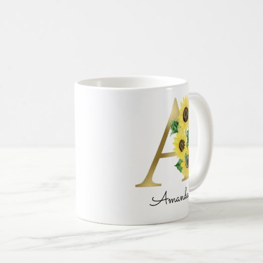 Monogram Gold Sunflower Girly Floral Initiaal A Koffiemok (Voorkant rechts)