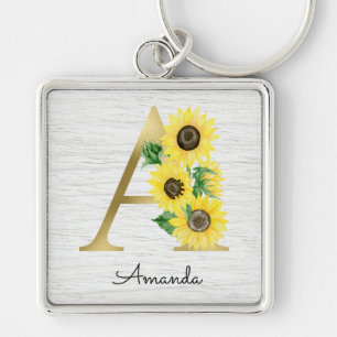 Monogram Gold Sunflower Girly Floral Initiaal A Sleutelhanger