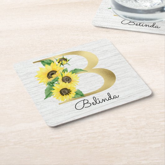 Monogram Gold Sunflower Girly Floral Initiaal B Kartonnen Onderzetters (Schuin)