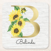 Monogram Gold Sunflower Girly Floral Initiaal B Kartonnen Onderzetters (Voorkant)