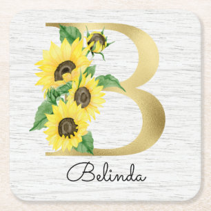 Monogram Gold Sunflower Girly Floral Initiaal B Kartonnen Onderzetters
