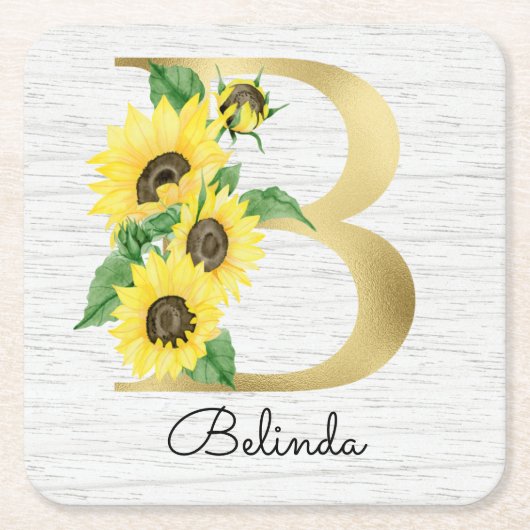 Monogram Gold Sunflower Girly Floral Initiaal B Kartonnen Onderzetters (Voorkant)