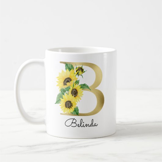 Monogram Gold Sunflower Girly Floral Initiaal B Koffiemok (Links)