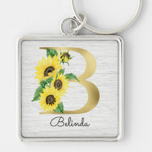 Monogram Gold Sunflower Girly Floral Initiaal B Sleutelhanger