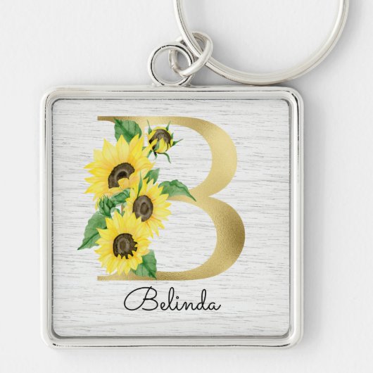 Monogram Gold Sunflower Girly Floral Initiaal B Sleutelhanger (Voorkant)
