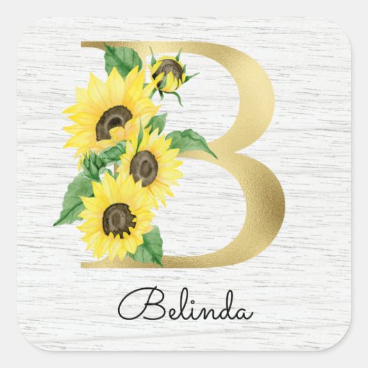 Monogram Gold Sunflower Girly Floral Initiaal B Vierkante Sticker (Voorkant)