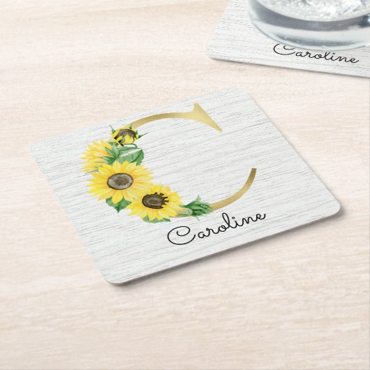 Monogram Gold Sunflower Girly Floral Initiaal C Kartonnen Onderzetters (Schuin)