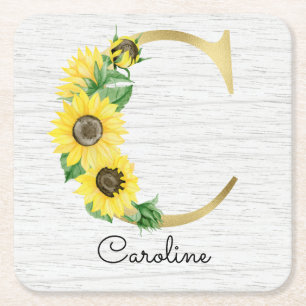 Monogram Gold Sunflower Girly Floral Initiaal C Kartonnen Onderzetters