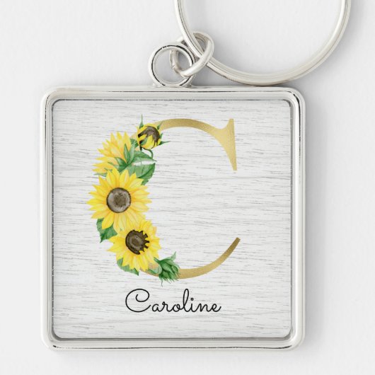 Monogram Gold Sunflower Girly Floral Initiaal C Sleutelhanger (Voorkant)