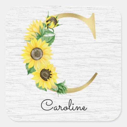 Monogram Gold Sunflower Girly Floral Initiaal C Vierkante Sticker (Voorkant)