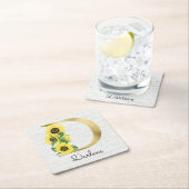 Monogram Gold Sunflower Girly Floral Initiaal D Kartonnen Onderzetters (Insitu)