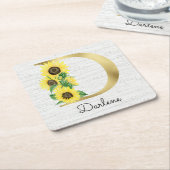 Monogram Gold Sunflower Girly Floral Initiaal D Kartonnen Onderzetters (Schuin)