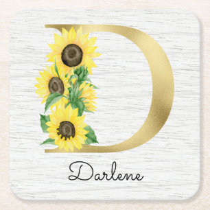 Monogram Gold Sunflower Girly Floral Initiaal D Kartonnen Onderzetters