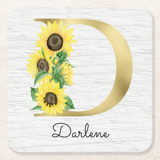 Monogram Gold Sunflower Girly Floral Initiaal D Kartonnen Onderzetters (Voorkant)